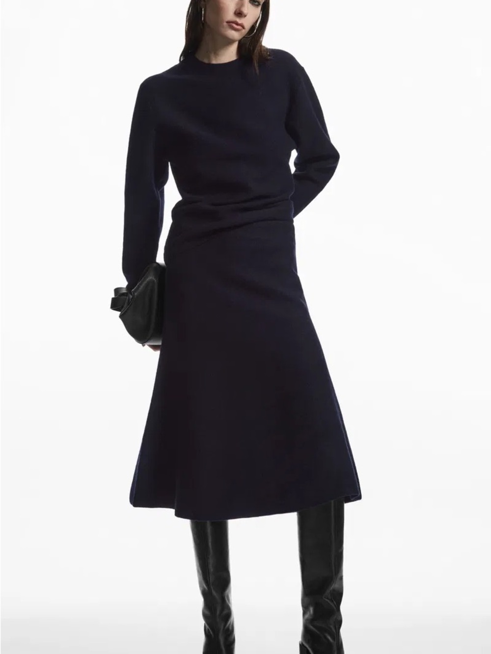 COS NWT Black  Boiled Wool Midi Skirt Sz L Quiet Luxury Capsule Heavyweight Knit
